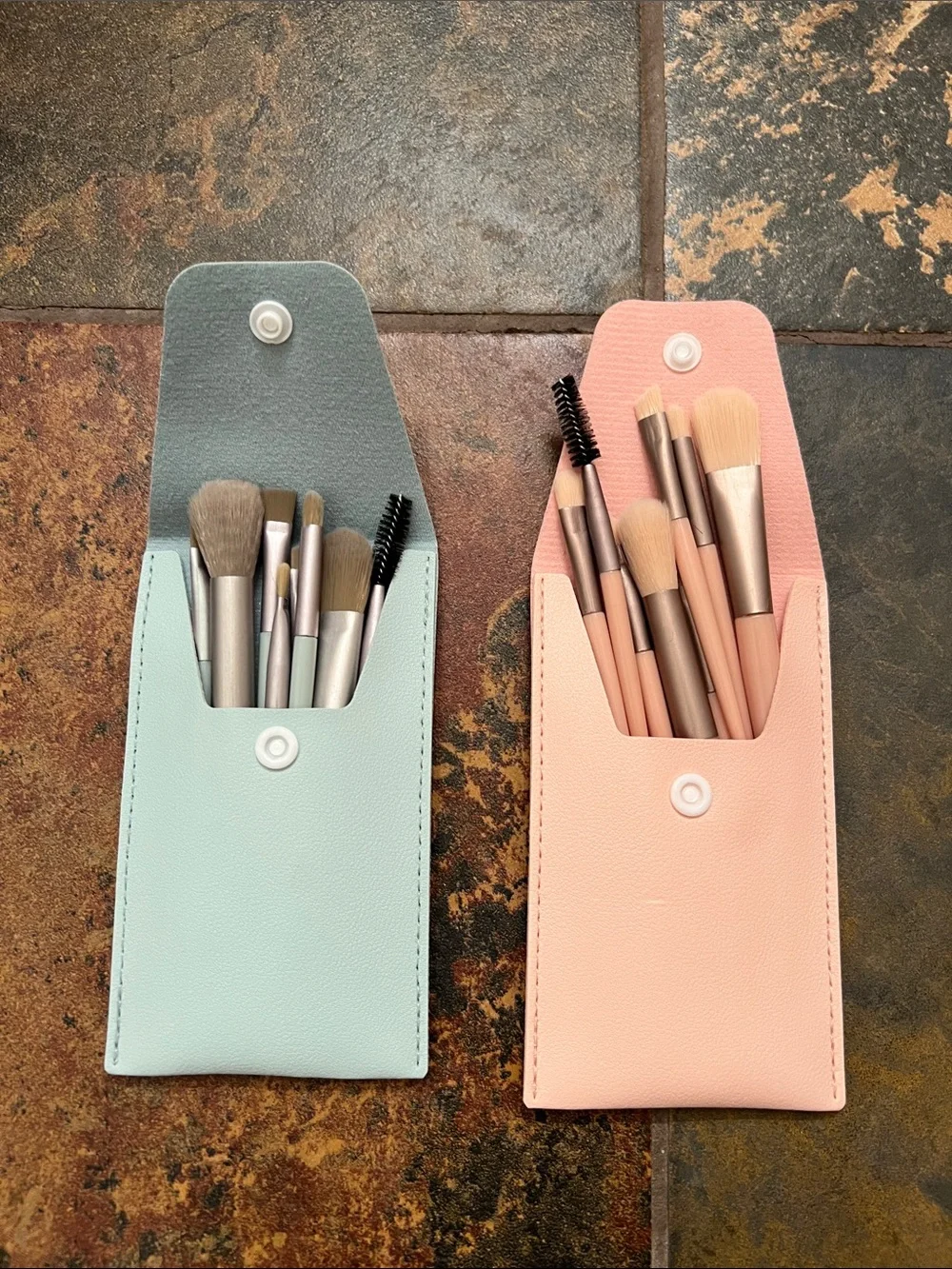 Set of Two Travel Makeup Brush Pouches with Brushes - Mint & Blush